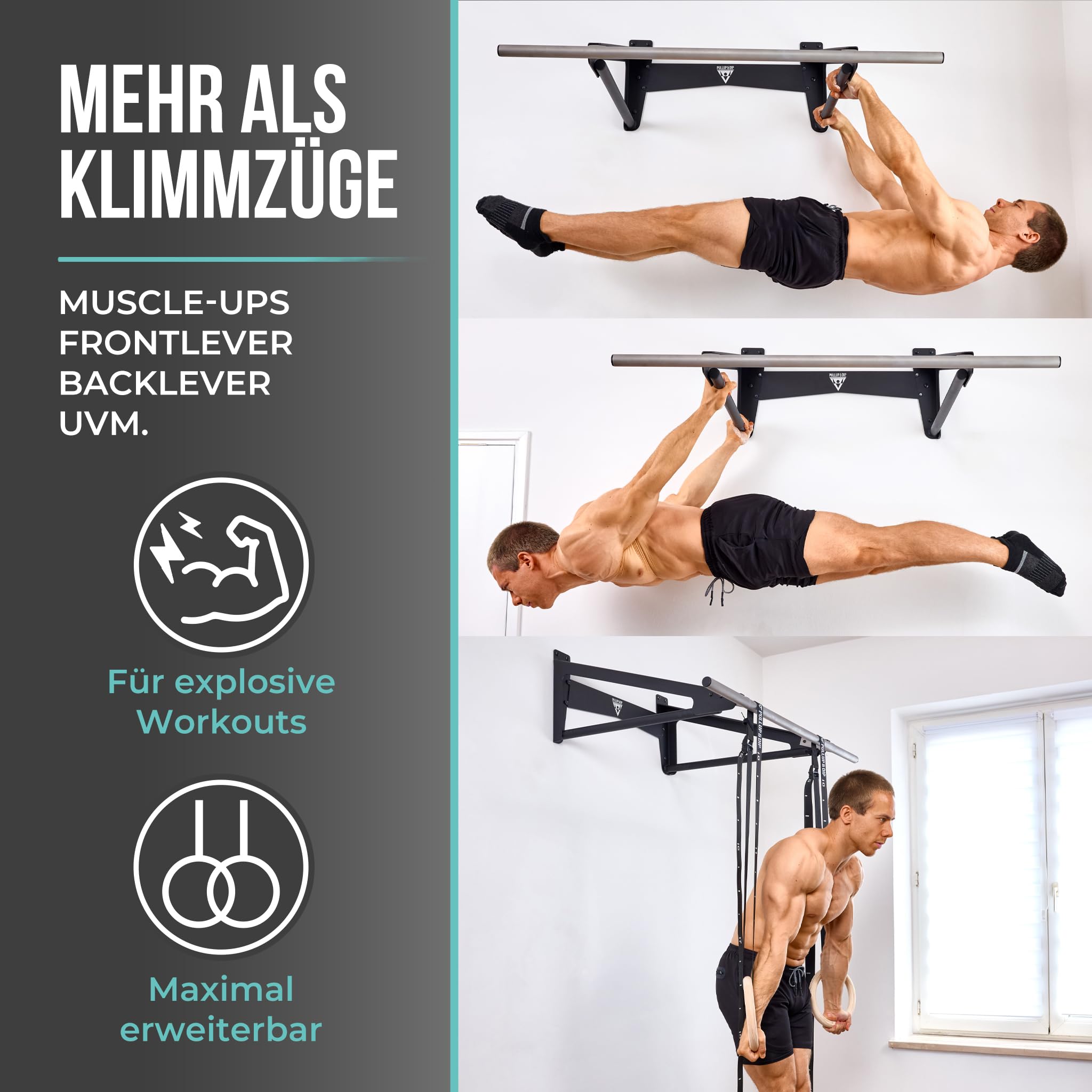PULLUP & DIP - Muscle Up Bar Klimmzugstange Wand für Indoor & überdachten Outdoor-Bereich | Calisthenics | Klimmzugstange Edelstahl für Front Lever Back Lever & Home Gym