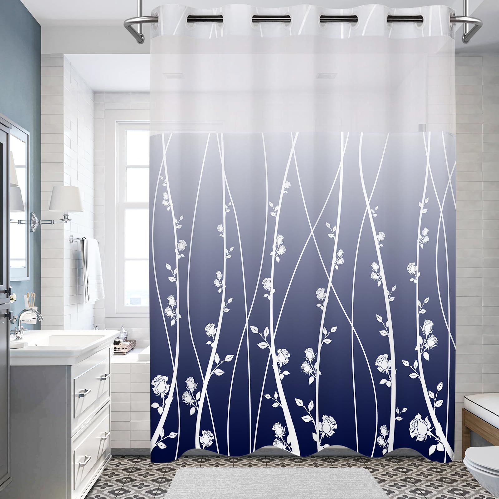 TYTYUU No Hook Shower Curtain Whith Snap in Liner Set, Blue Ombre Floral Striped Fabric Shower Curtains for Bathroom Hotel Decor 71x74 Inches