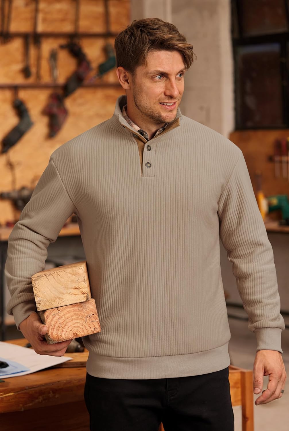 Men's Textured Sweatshirt Fleece Lined Thermal Elbow Patches Heavyweight Pullover Khaki Stripe S - Image 7