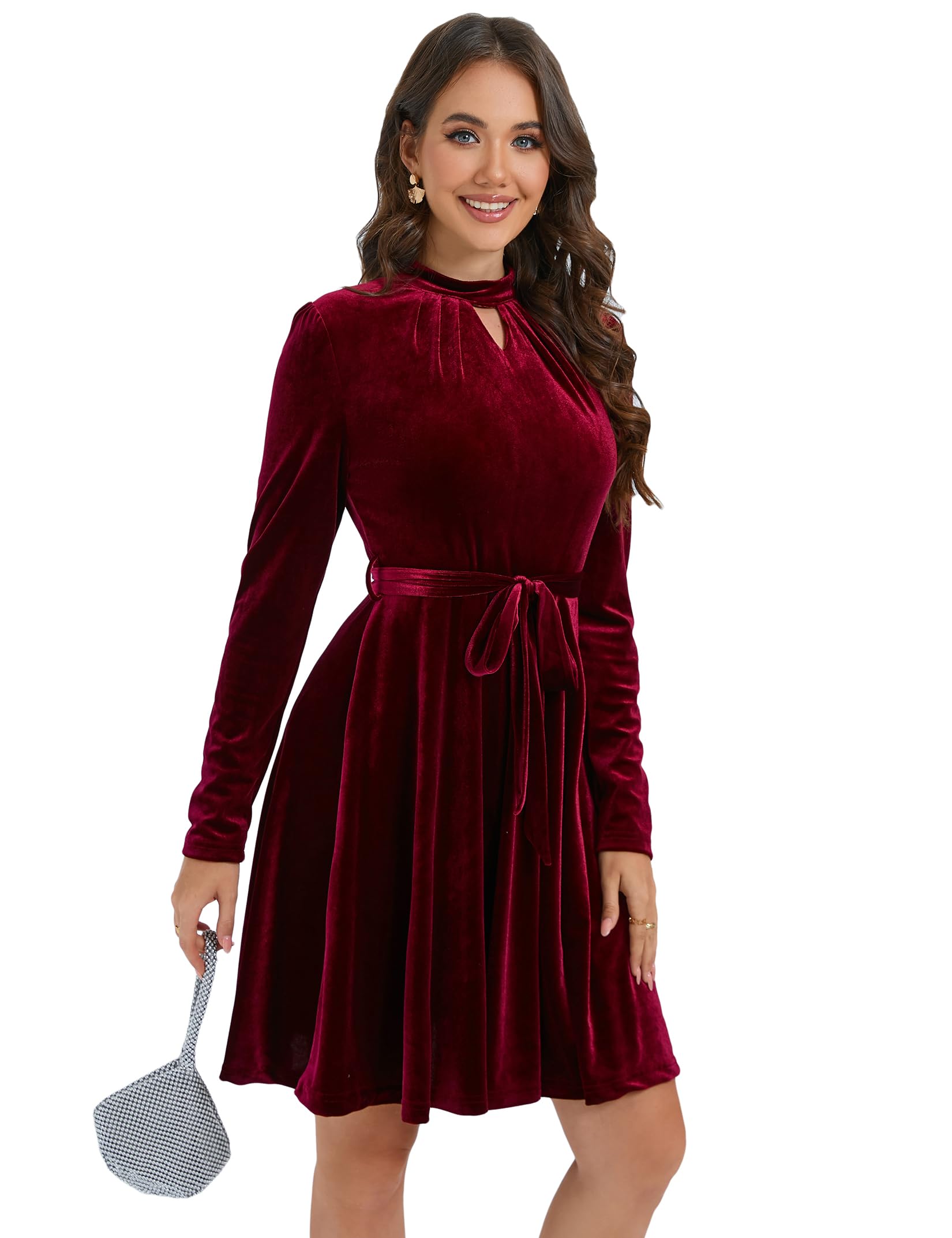 KOJOOIN Samtkleid Damen Kurz Elegant Satin Cocktailkleid Langarm Rockabilly A-Linien Festlich Kleid mit Gürtel（Verpackung MEHRWEG）