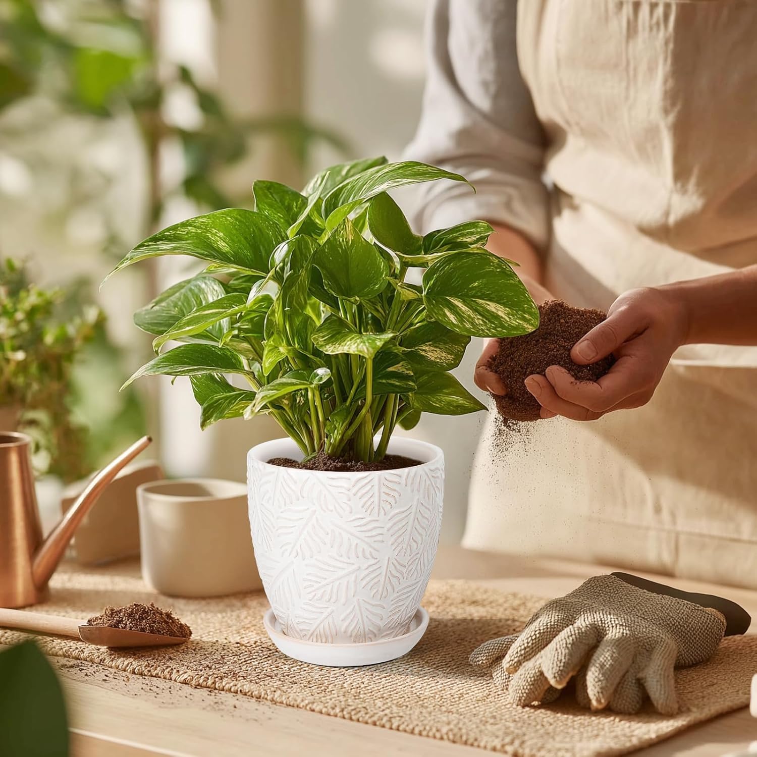 EFISPSS Ceramic Plant Pots, 6 Inch Ceramic Planter Pot with Drainage Hole and Saucer, Indoor Modern Flower Pots, Set of 2 - White - Image 6