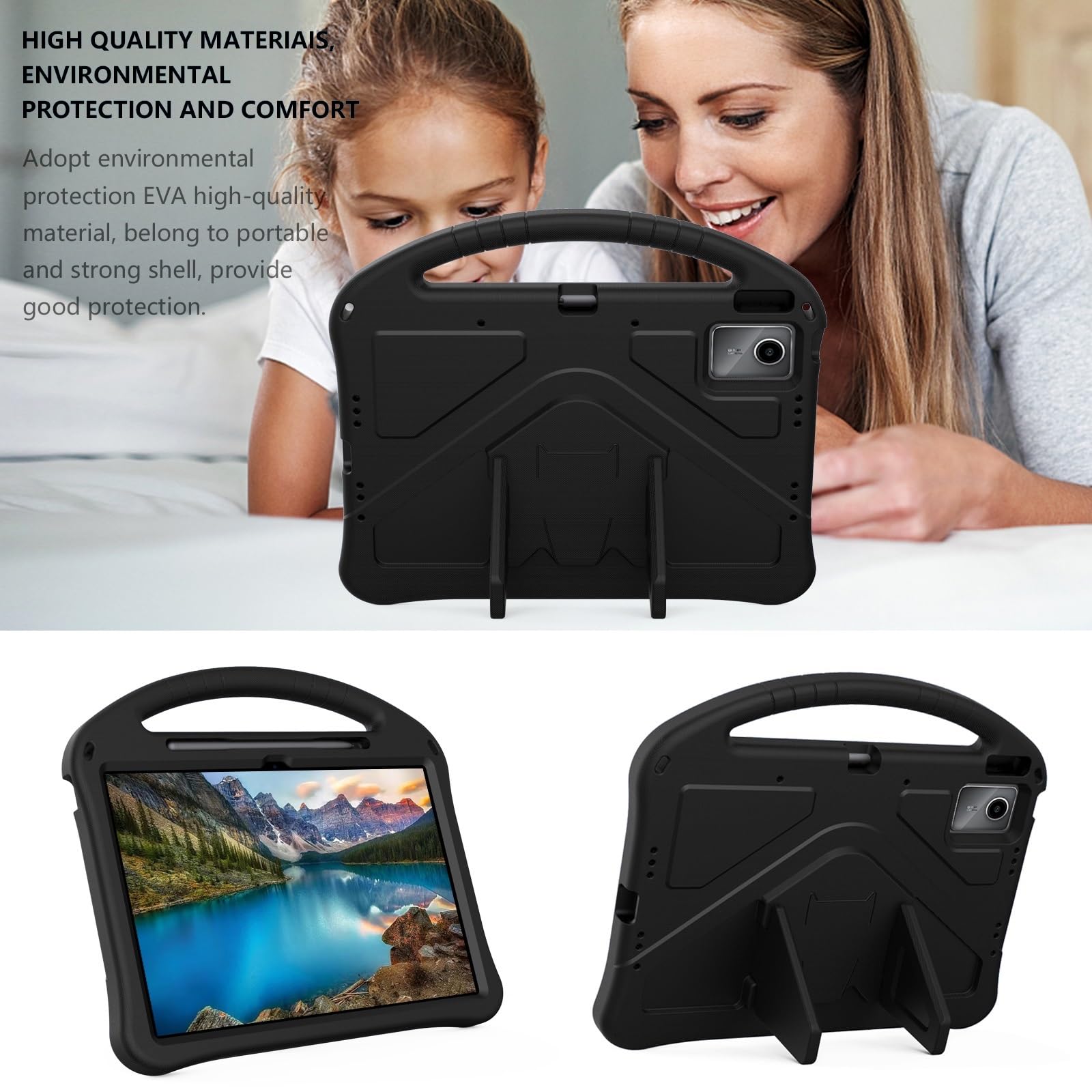 Compatible avec Lenovo Tab K12 12.1 (2025)/Idea Tab Plus TB361FU/TB361ZU 12.1 - Housse légère en EVA - Protection antichoc pour tablette avec support, bandoulière et poignée - Noir