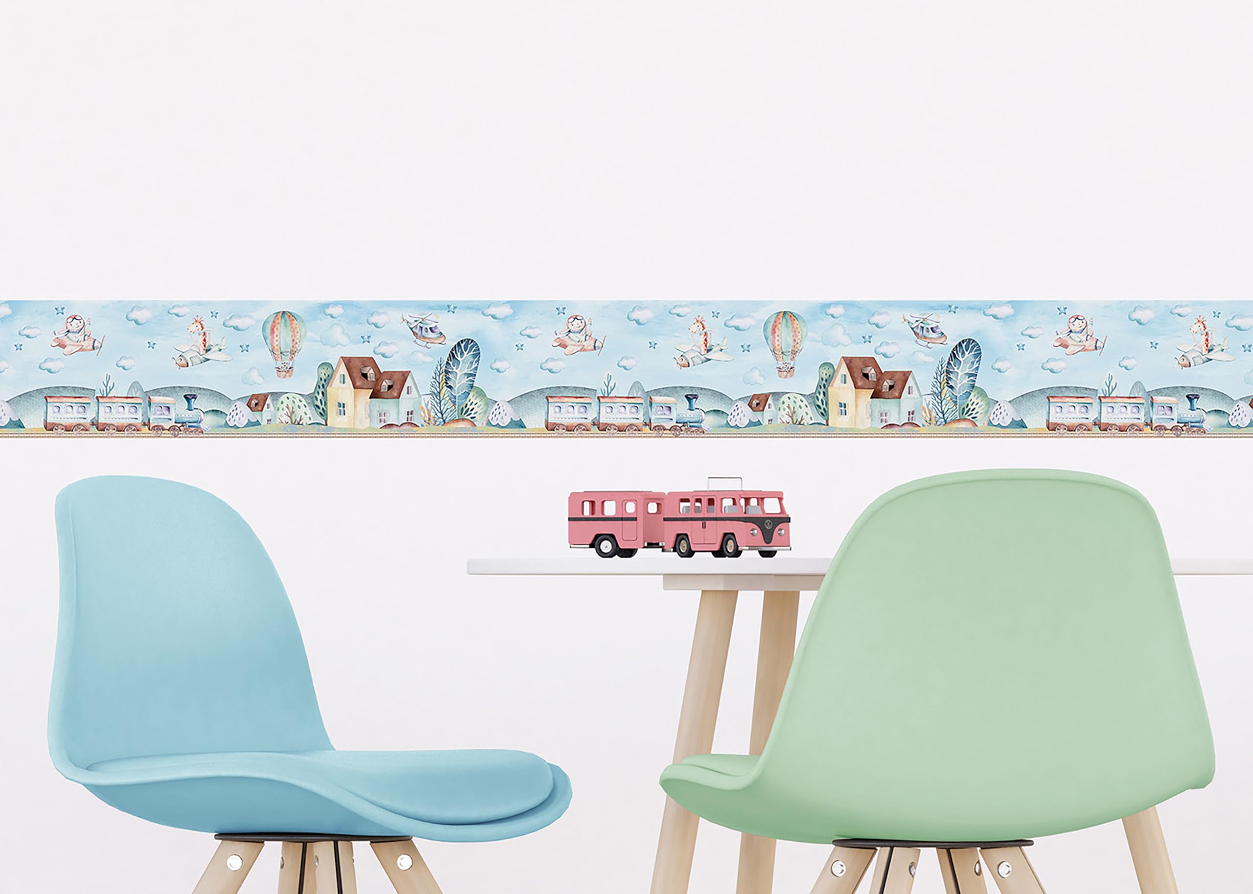 Selbstklebende Bordüre Zug AG Design, AWBD 8028 | Wasserfest Kinderzimmer Wand Aufkleber Dekoration | Wandbordüre für Mädchen und Junge | Folie, Mehrfarbig | Breite 500 cm x Höhe 13.8 cm