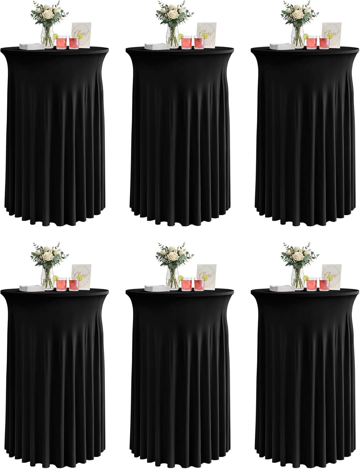 KeyWave Cocktail Table Tablecloth with Skirts - 32x43 Inch Wavy Spandex High Top Cocktail Table Covers, Ruffle Drape Highboy Tablecloth Reusable for Party Wedding Cake Standing Table, Black, 6 Pack