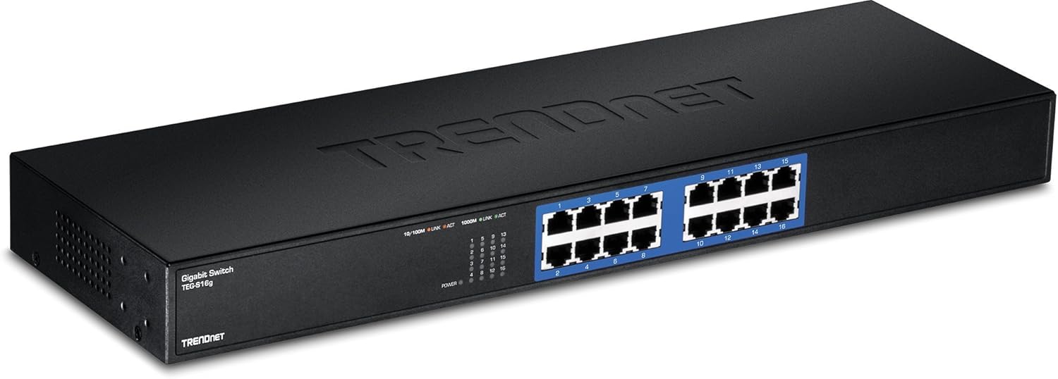 TRENDnet 16-Port Unmanaged Gigabit GREENnet Switch, 16 x RJ-45 Ports, 32 Gbps Forwarding Capacity, Fanless, Rack Mountable, TEG-S16G (Renewed)