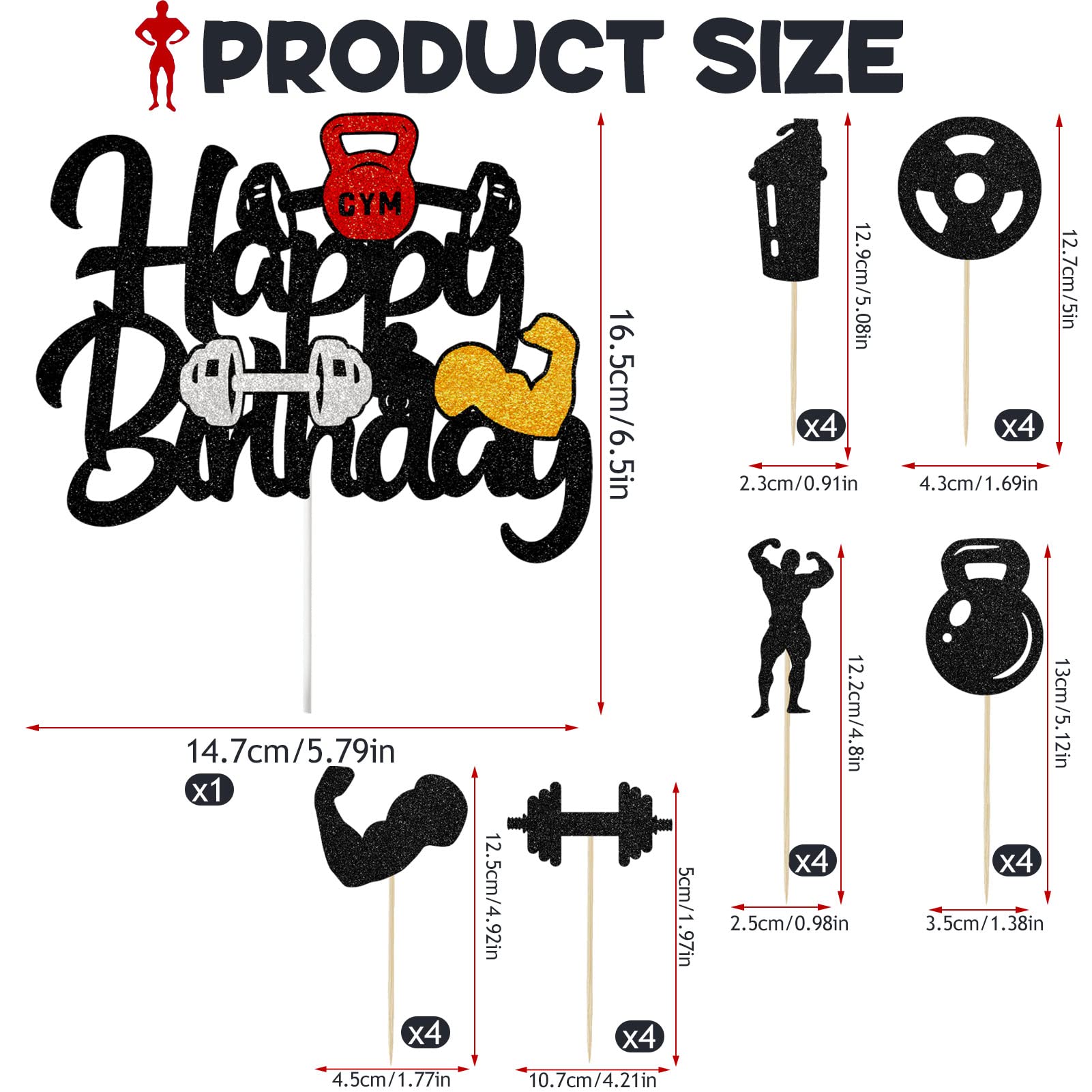 25 stuks Gym Happy Birthday Cake Decoraties Glitter Gewichtheffen Thematische Cake Toppers Fitness Barbell Kettlebell Feestdecoraties voor Mannen Vrouwen Jongen Meisje en Fitness Liefhebbers