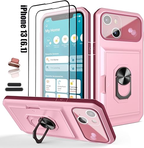 Miniatura 8 de LMDAMZ Funda tipo cartera para iPhone 13, ranura para tarjeta de crédito, diseño portátil, resistente de doble capa acolchada de goma protectora