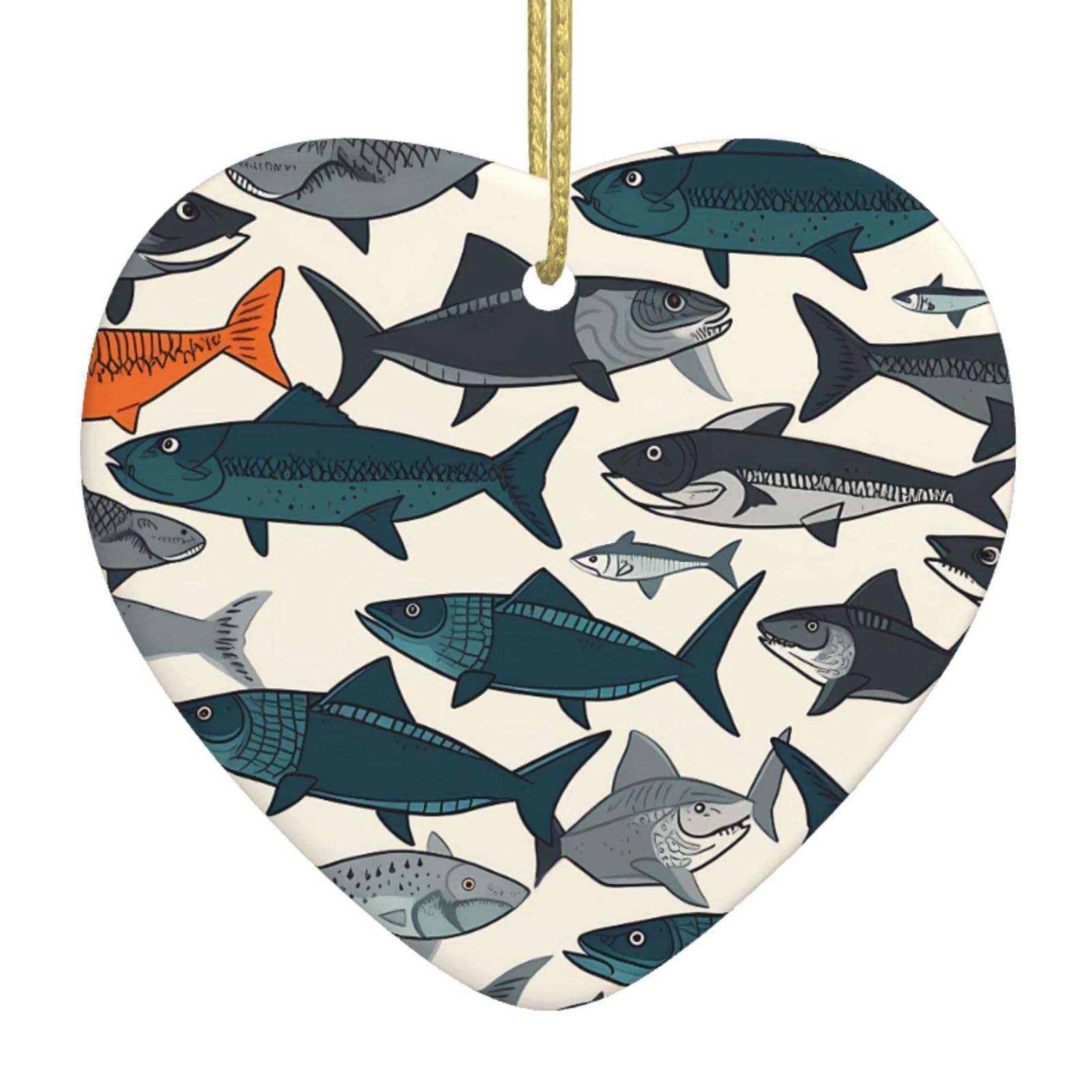 Ceramic Christmas Tree Hanging Ornaments with Gold Ropes Christmas Tree Decorations Heart Ceramic Fish Pendant Keepsake Decorations for Holiday Xmas Gift Ideas