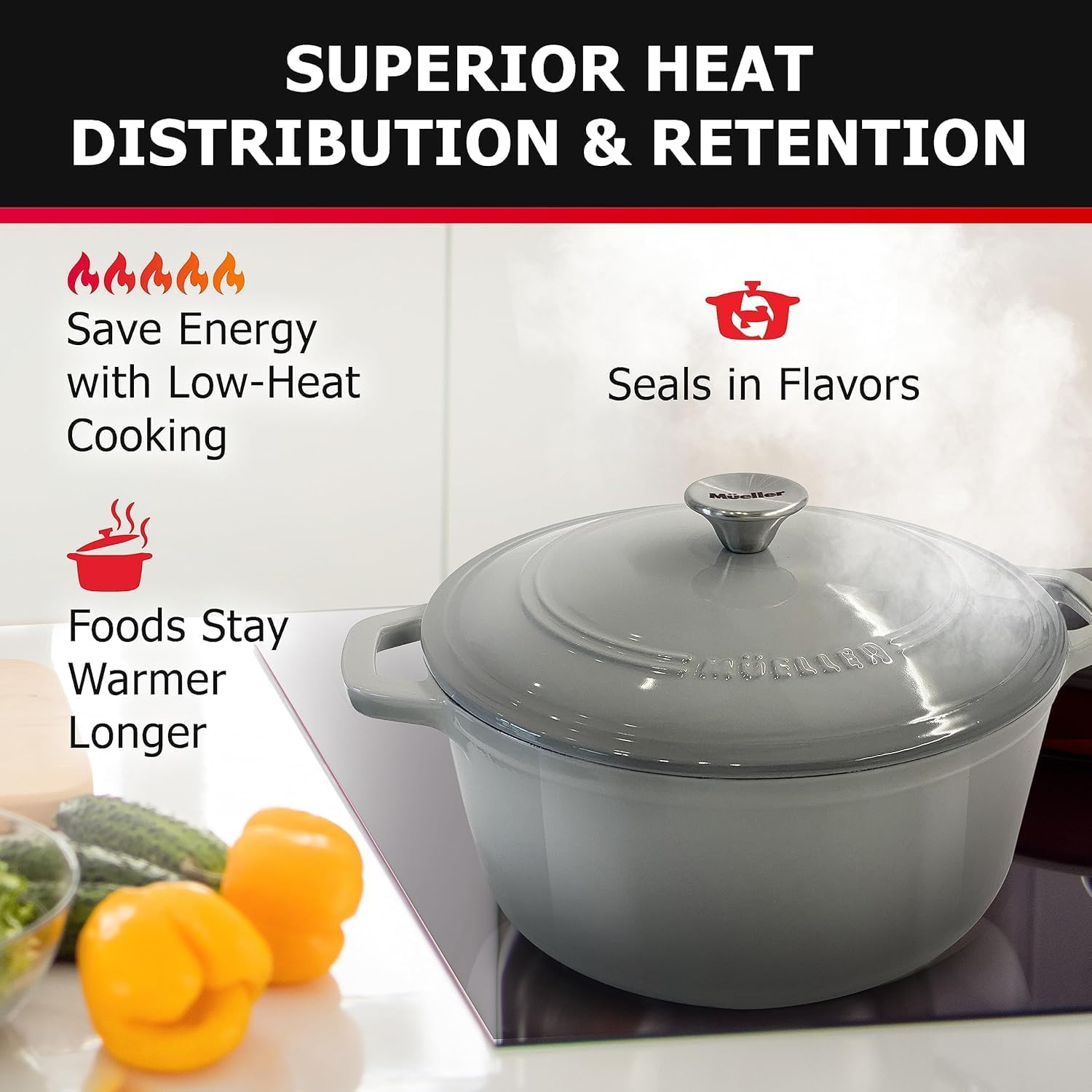 MUELLER HOME 7.5 QT Enameled Cast Iron Dutch Oven, Heavy-Duty, Oven-Safe up to 500° F & Across All Cooktops, Casserole Dish and Braiser Pan with Lid and Stainless Knob, Grey - Image 2