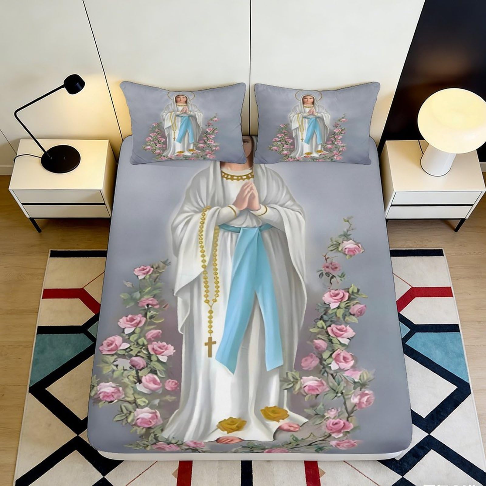 Pnayamiorkfel Style-9 3D Printed Virgin Mary Fitted Sheet Microfiber Floral Bed Cover For Bedroom Dorm Mattress Protection Decor 90X200x25cm