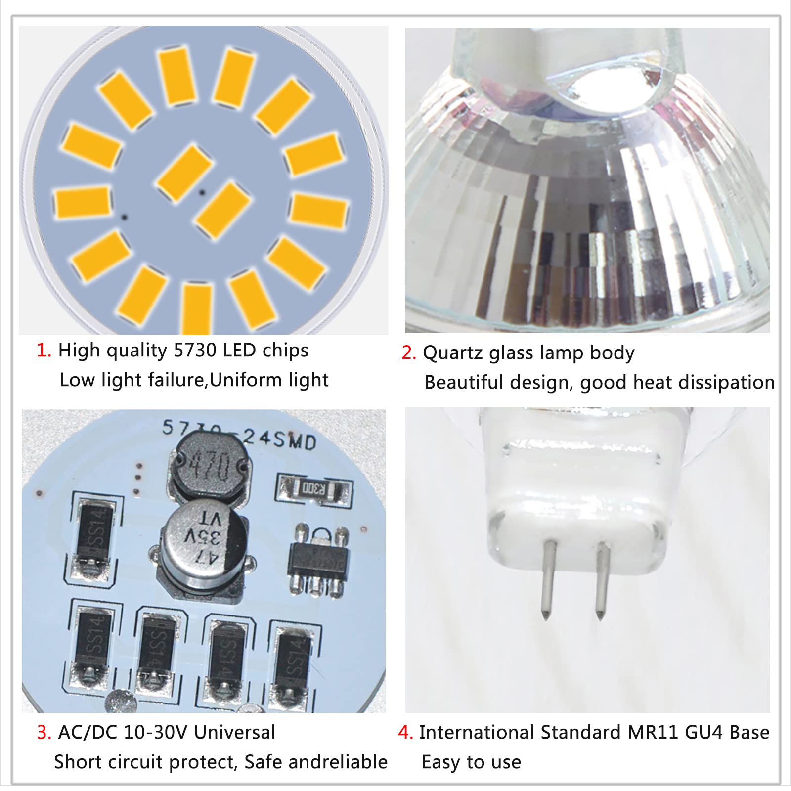 4x MR11 LED Birnen, 3W, 300 Lm, Kaltweiß – 12V, 9 LEDs, Für Spotlights & Landschaftsbeleuchtung