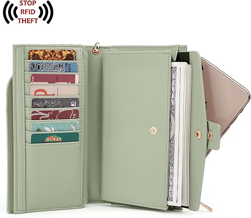 Vista 3 de UTO Cartera de cuero vegano para mujer, cartera larga con broche de presión, tarjetero de crédito, elegante embrague