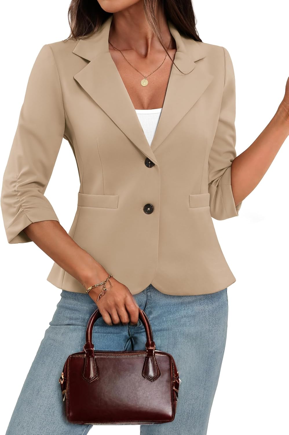 ELLEVEN Womens Casual 3/4 Sleeve Knit Blazers – High Stretch Business Work Suit Slim Fit Jacket with Pockets