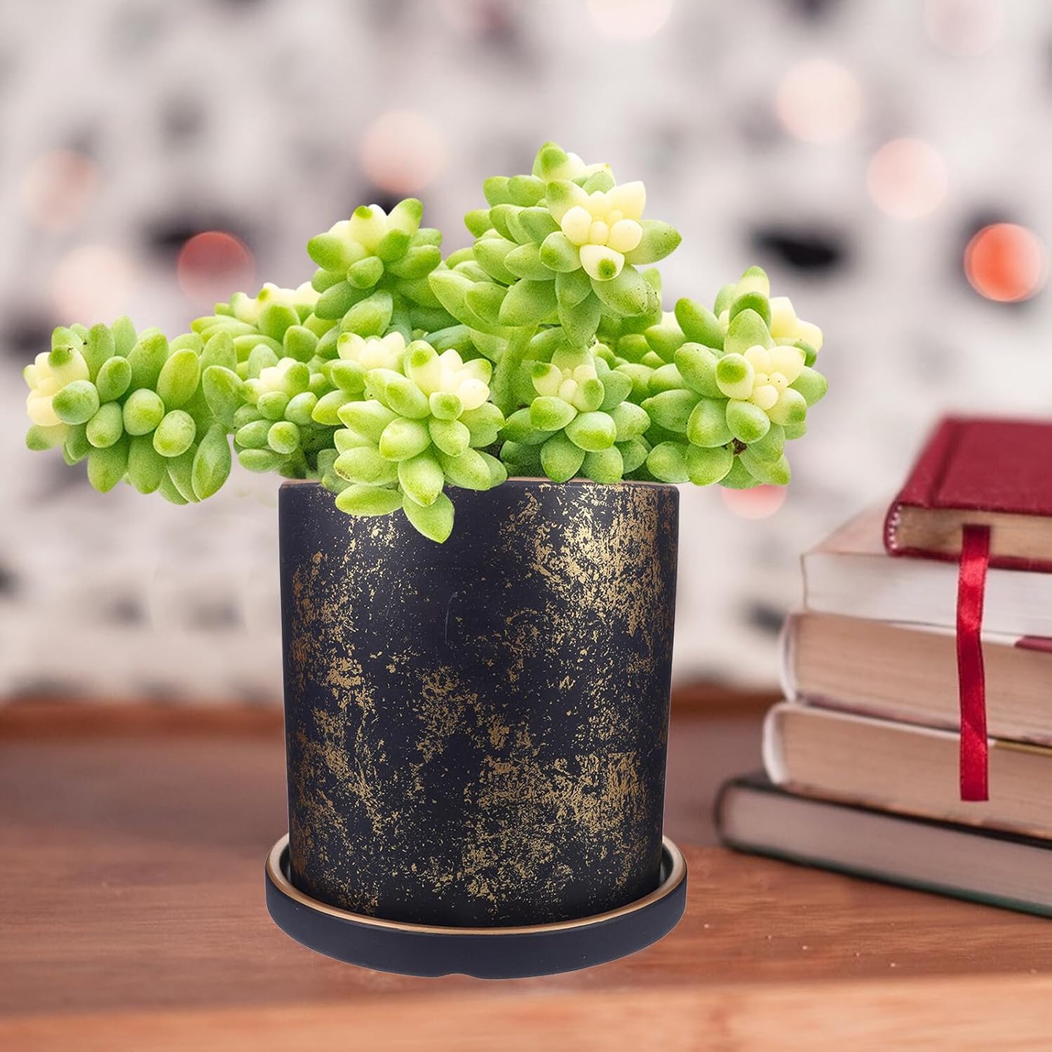 TOYANDONA Ceramic Plant Pot with Drainage Hole and Tray 17cm Blue Planter Pot for Indoor and Outdoor Garden Succulents and Bonsai