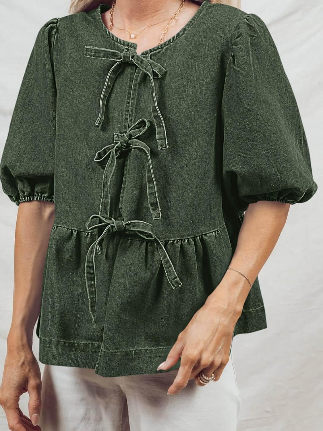 Tankaneo Womens Denim Tie Front Tops Babydoll Peplum Puff Sleeve Jean Shirts Crew Neck Summer Casual Bow Blouses - Image 2