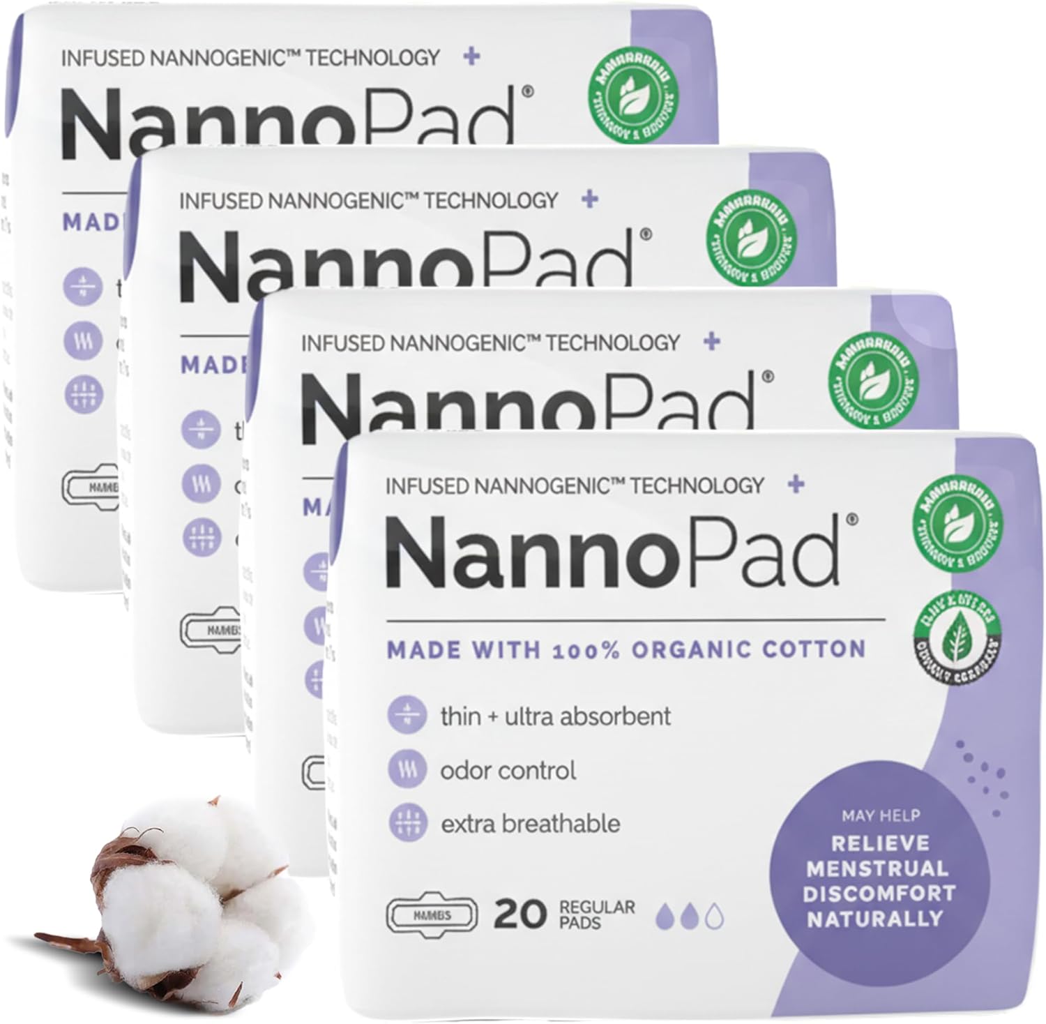 Regular Pads for Women - Nannocare Certified Organic Cotton Pads - Discomfort Reducing Pads with Wings - Feminine Hygiene Products - 120 Sanitary Pads (6 Pack)