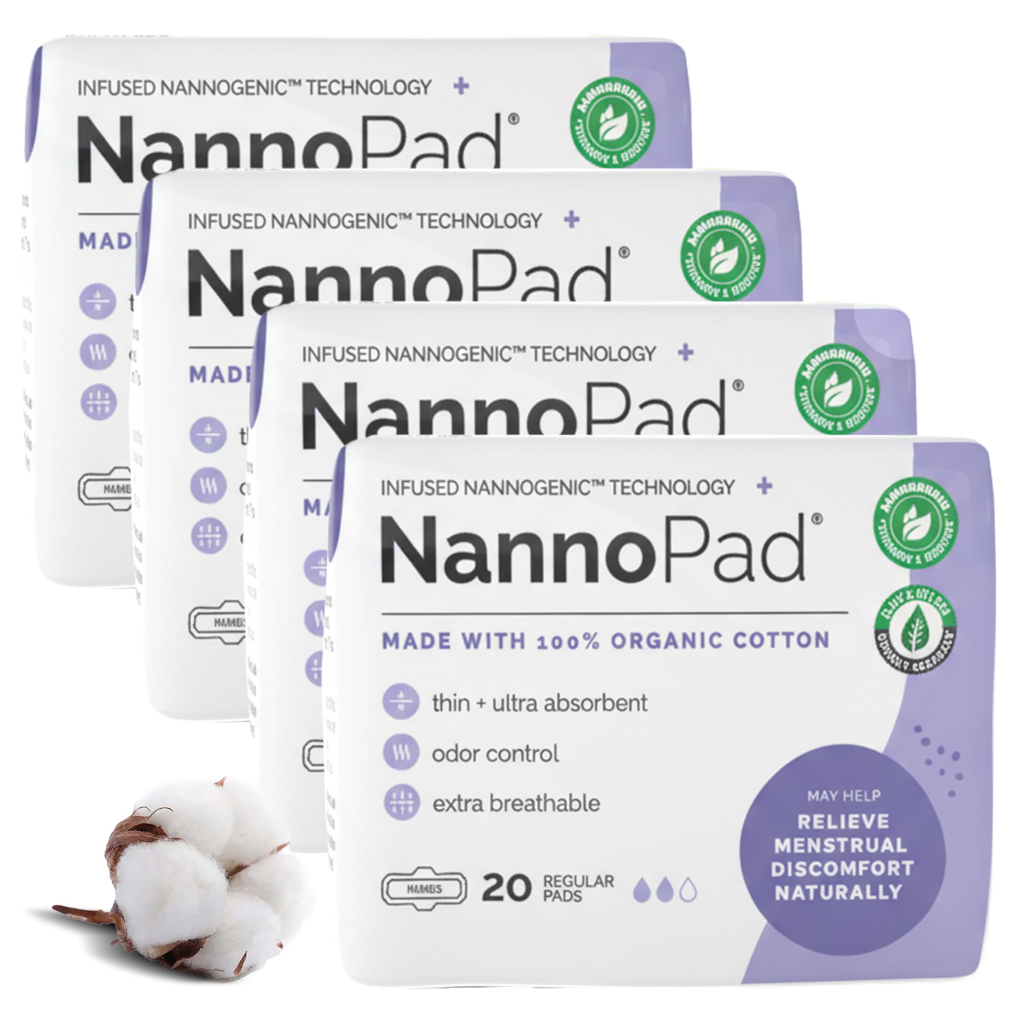 NannoPad Regular Pads for Women - Nannocare Certified Organic Cotton Pads - Discomfort Reducing Pads with Wings - Feminine Hygiene Products - 80