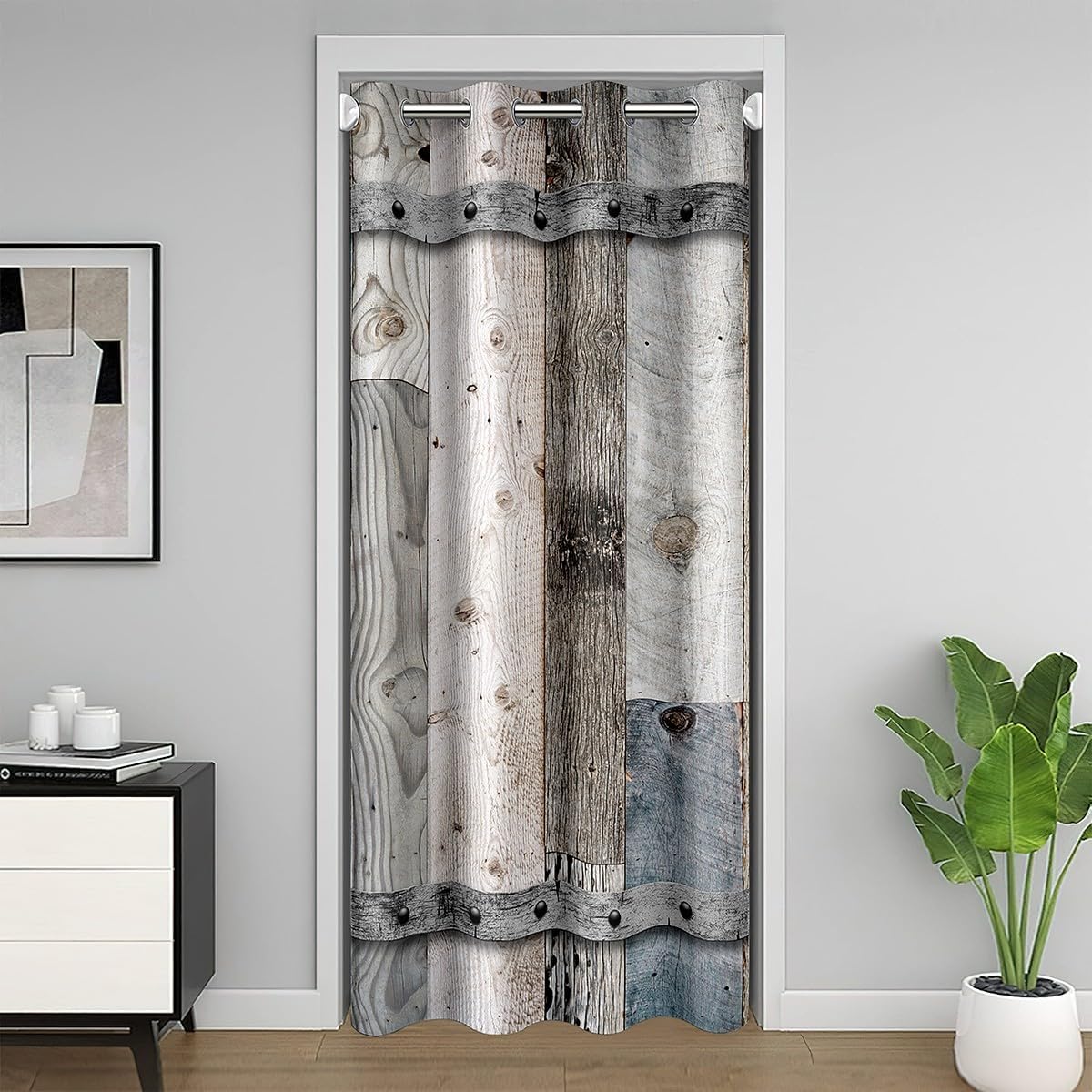 Rustic Farmhouse Style Door Curtain 1 Panel,52"W X 80"L,Watercolor Splicing Wooden Stripes Door Drape for Living Room Bedroom Decor,Vintage Country Decor Blackout Curtain for Temporary Door Decor