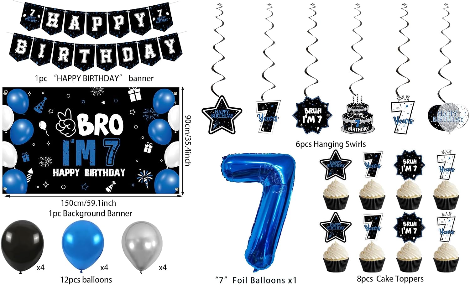 Vlipoeasn Blue 7th Birthday Decorations Set for Boys Girls(35PC) | Bruh I'm 7 Backdrop Banner, Number 7 Balloon, Cake Topper, 7th Birthday Hanging Swirls, 7 Years Old Birthday Party Supplies