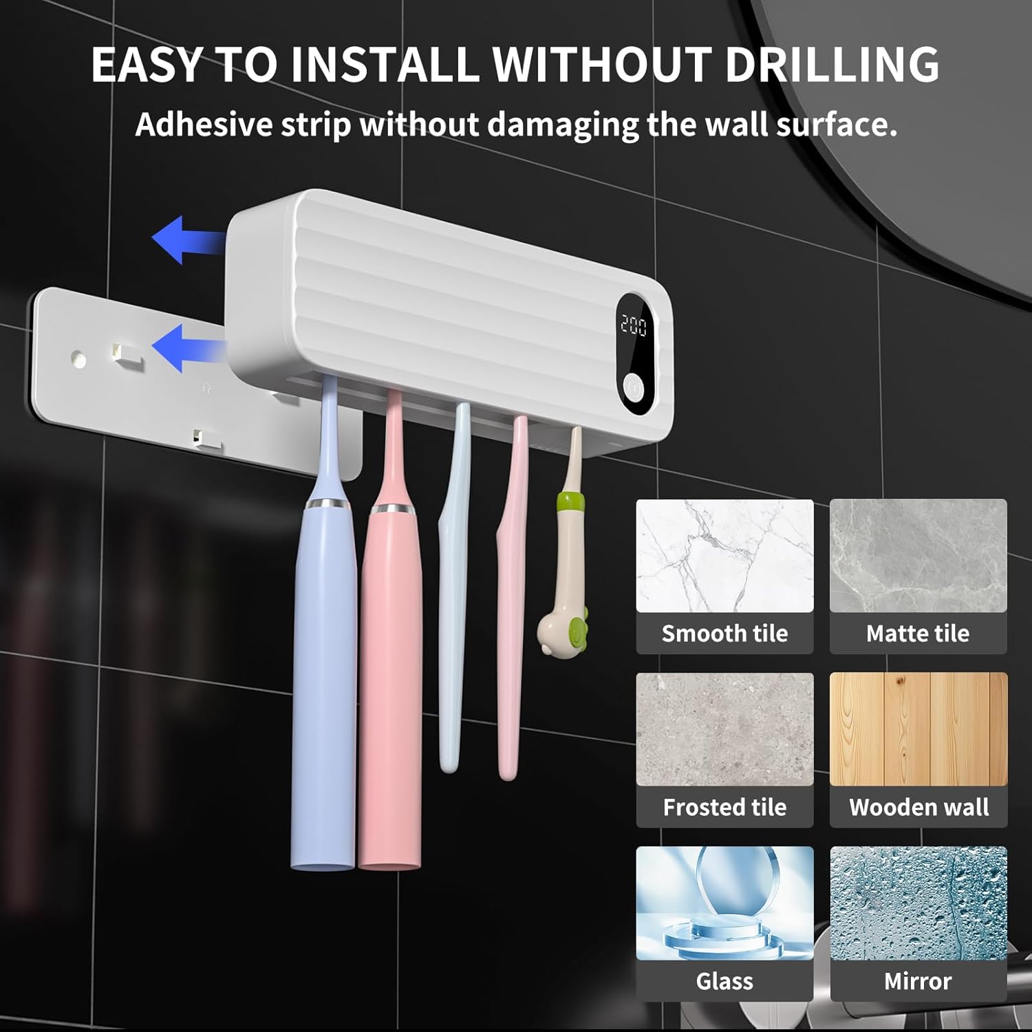 Toothbrush Sanitizer and Holder, UV Toothbrush Sanitizer Holder for Bathroom with 5 Slot, Timer Function, 2000mAh Rechargeable Toothbrush Cleaner Holder Wall Mounted Without Drilling - Image 6