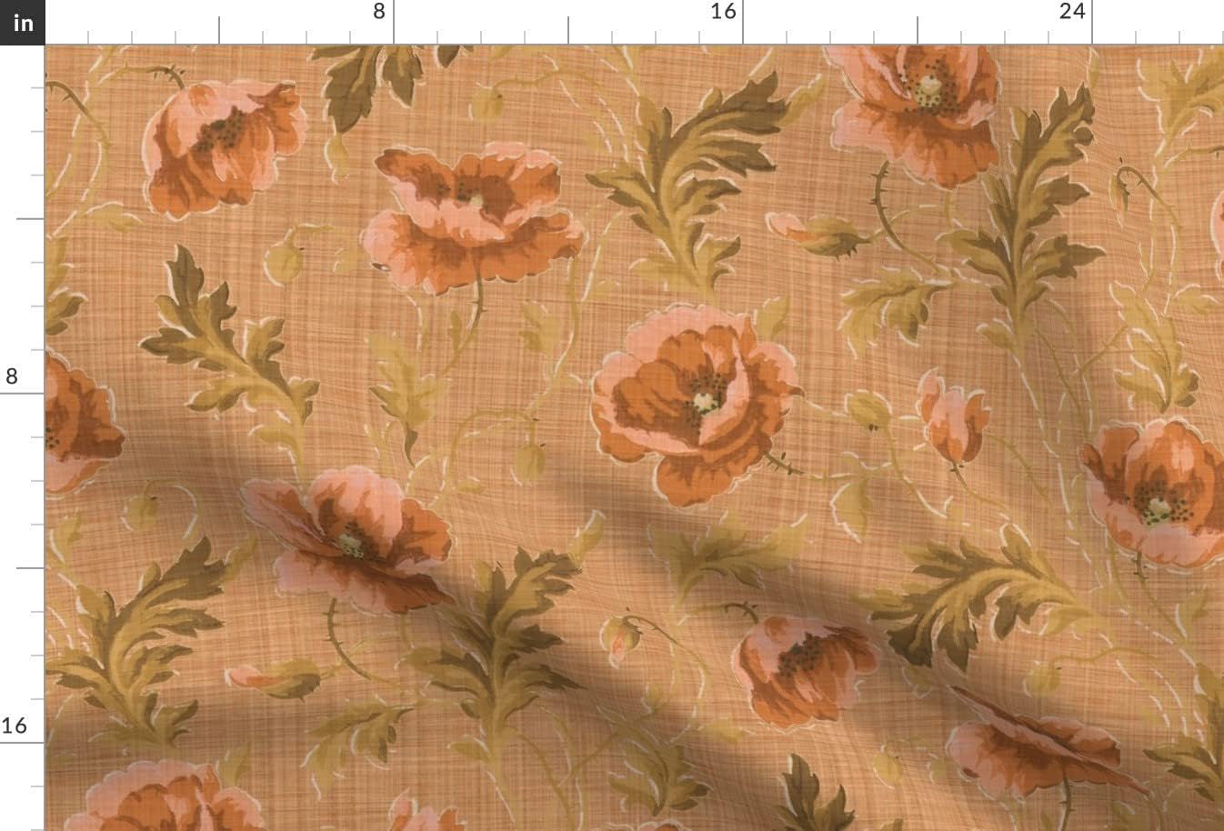 Spoonflower Fabric - Poppies Autumn Sunset Poppy Floral Flowers Edwardian Antique Printed on Upholstery Velvet Fabric Fat Quarter - Upholstery Home Decor Bottomweight Apparel