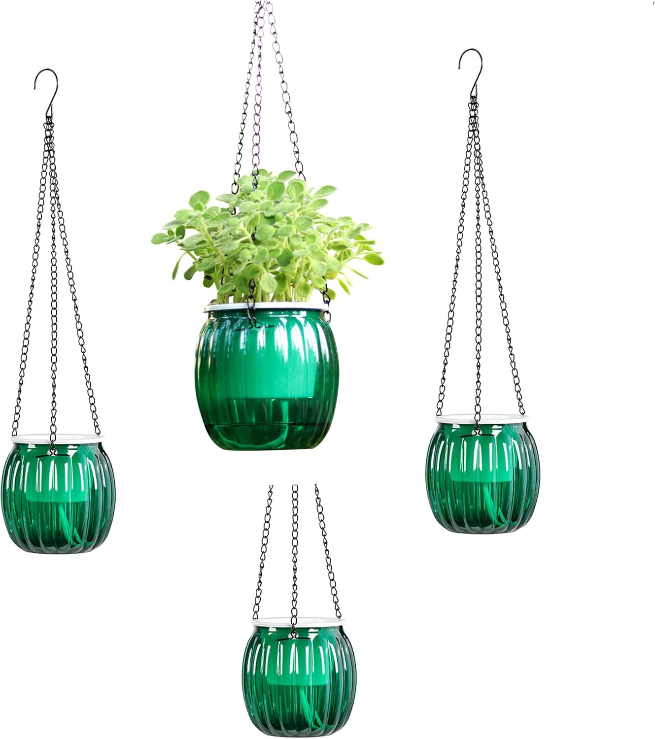 Meicynhoger 2-Pack Vintage Self-Watering Hanging Planter - 6.5" Clear Flower/Plant Pot with Hooks for Indoor Outdoor,Table, Balcony, Wall,Deck,Garden (3 Colors, 6.5")