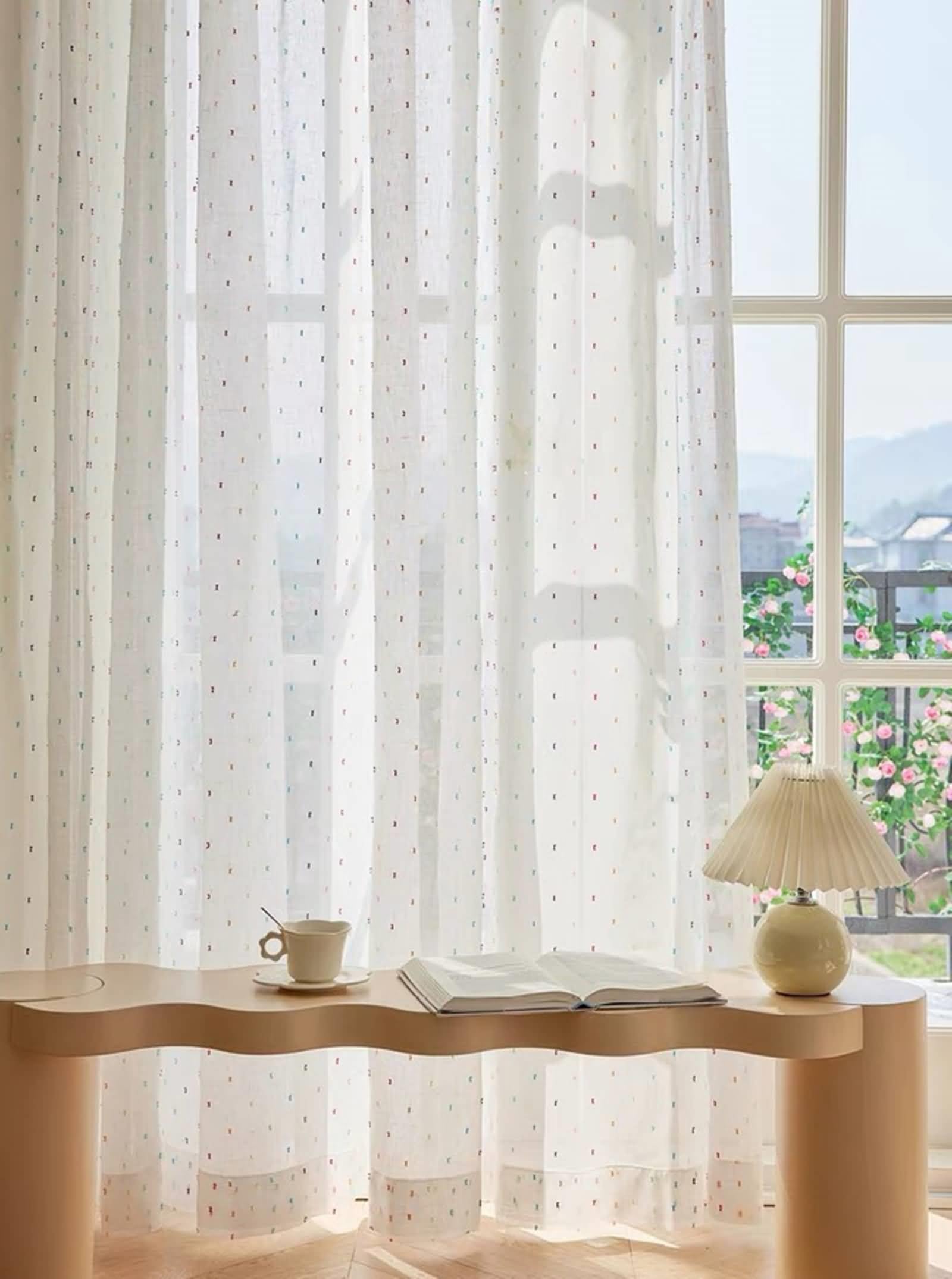 Vorhänge Halbtransparent mit Haken, Vorhang für Fenster Innen 2er Set Leinen Weiß Leinen mit Bunter Stickerei, 107x115cm