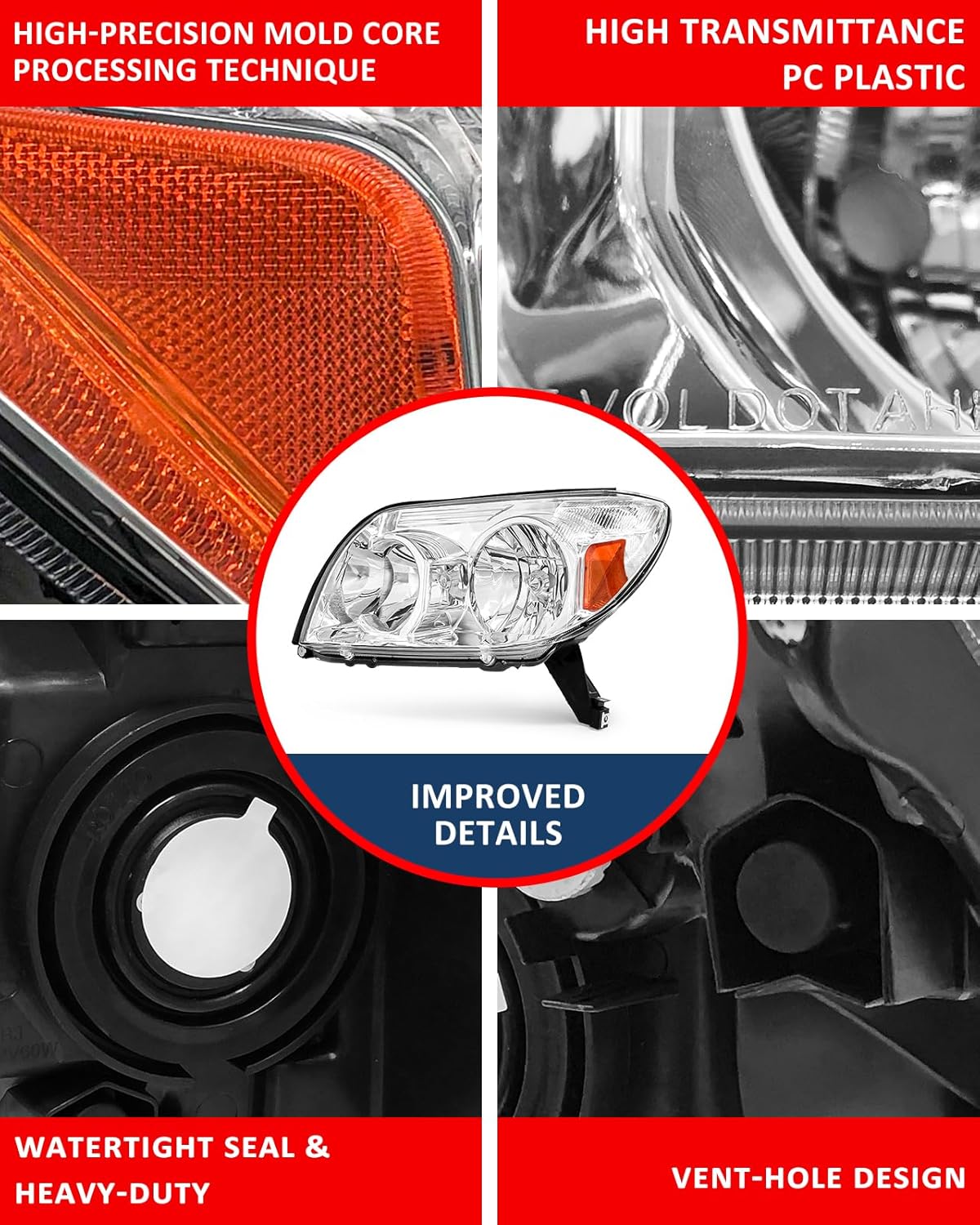 Headlight Compatible with Toyota 4Runner 2003 2004 2005 Chrome Housing Amber Reflector Replacement Pair（ 4 Door Limited, Sport, SR5 Utility）（W/O Bulbs）