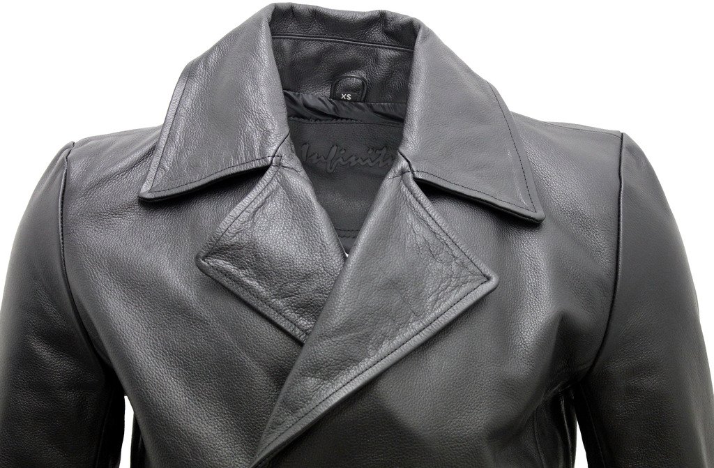 Infinity Leather Männer Langer schwarzer Deutscher Marineledermantel