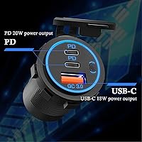 Vista 4 de Enchufe de cargador USB C de 3 puertos USB C de 12 V/24 V, doble 20 W PD tipo C y 18 W QC 3.0 con interruptor de botón para automóvil, barco