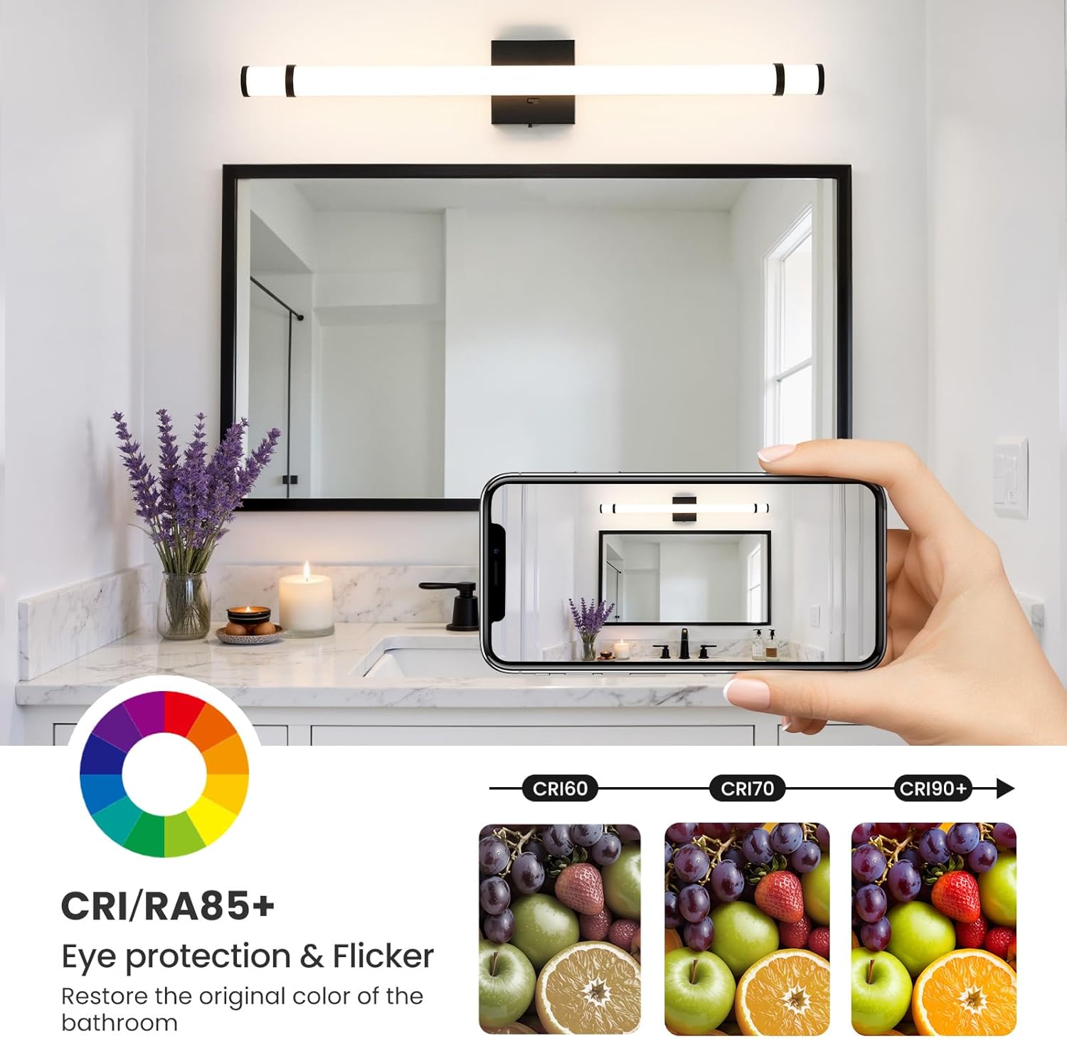 Modern Bathroom Vanity Light 31 Inch Black Bathroom Light Fixtures Over Mirror 19W Dimmable 5CCT LED Vanity Light Bar for Bathroom Mirror Cabinets Bedroom(Built-in Dimmer)