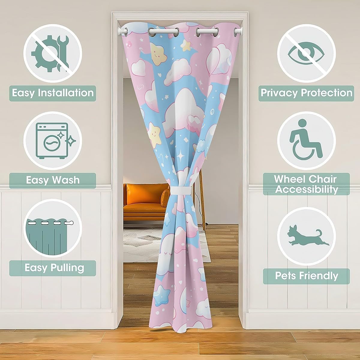 Feelyou Pink Cute Cloud 30%-50% Room Darkening Blackout Curtain 1 Panel, 59"x80" Galaxy Doorway Curtain Privacy Outer Space Door Cover Curtain Room Decor 3D Printed Space Window Treatments