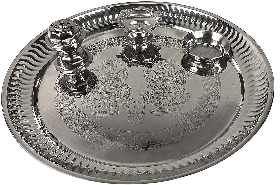Stainless Steel Aarti Pooja Thali Set Puja Thali for Aarti for Home Temple Steel (1 Pieces, Silver)
