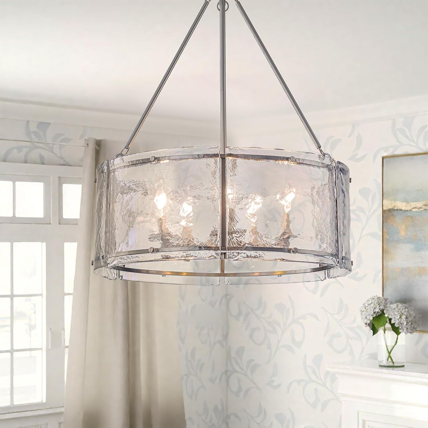 Brushed Nickel Glass Chandeliers for Dining Room,20.47" Drum Chandelier Light Fixture,Dining Room Light Fixtures Over Table,Hanging Pendant Light for Hight Ceiling,Foyer,Living Room,Bedroom,Kitchen