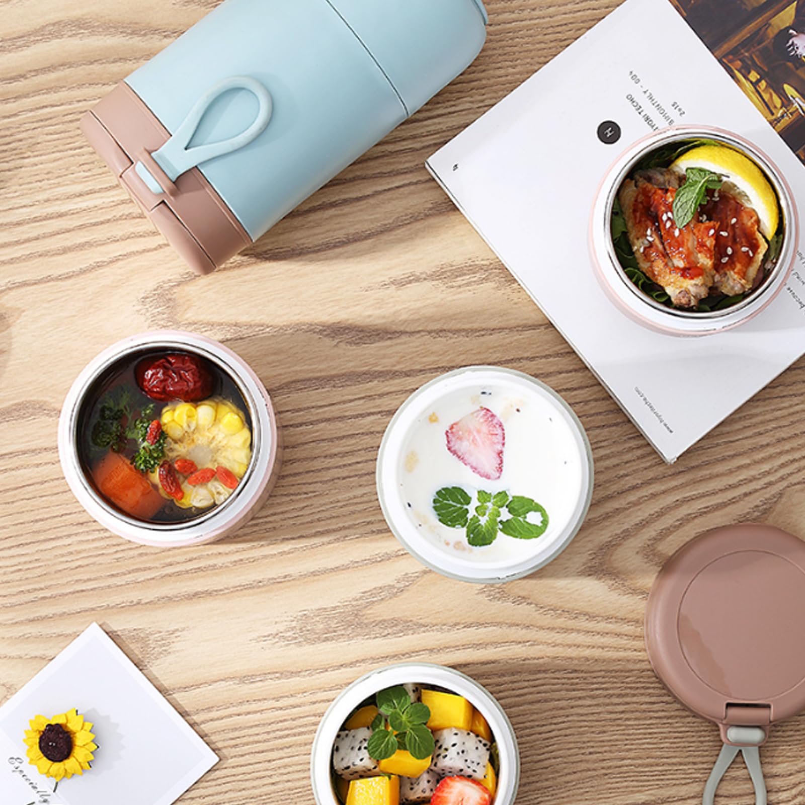 Contenitore termico in acciaio inox per mangiare: ciotola termica con cucchiaio, 800 ml, contenitore termico sottovuoto isolato, contenitore termico per bambini (blu)