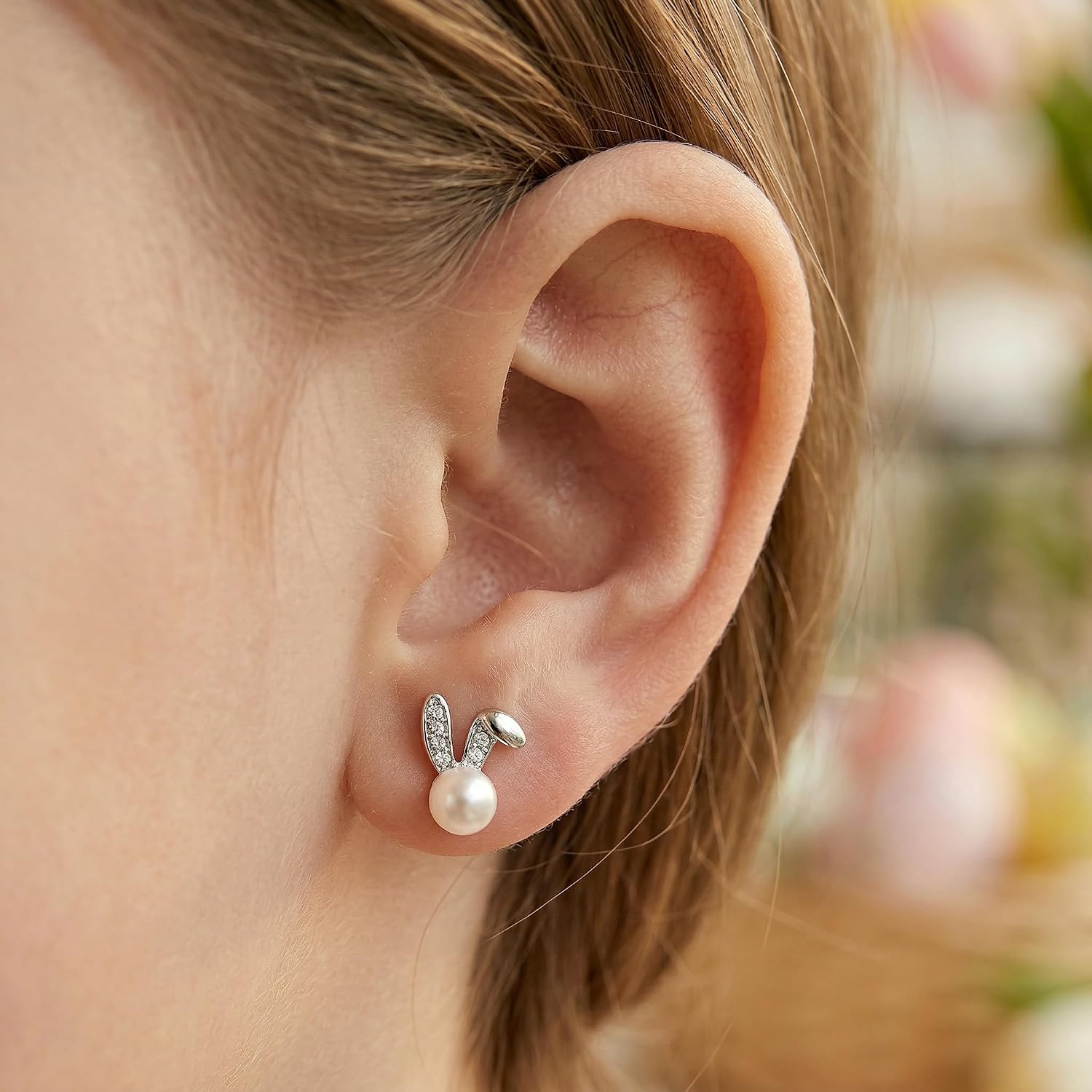 SLUYNZ 925 Sterling Silver Easter Rabbit Bunny Studs Earrings for Women Teen Girls Pearl Rabbit Earrings Studs