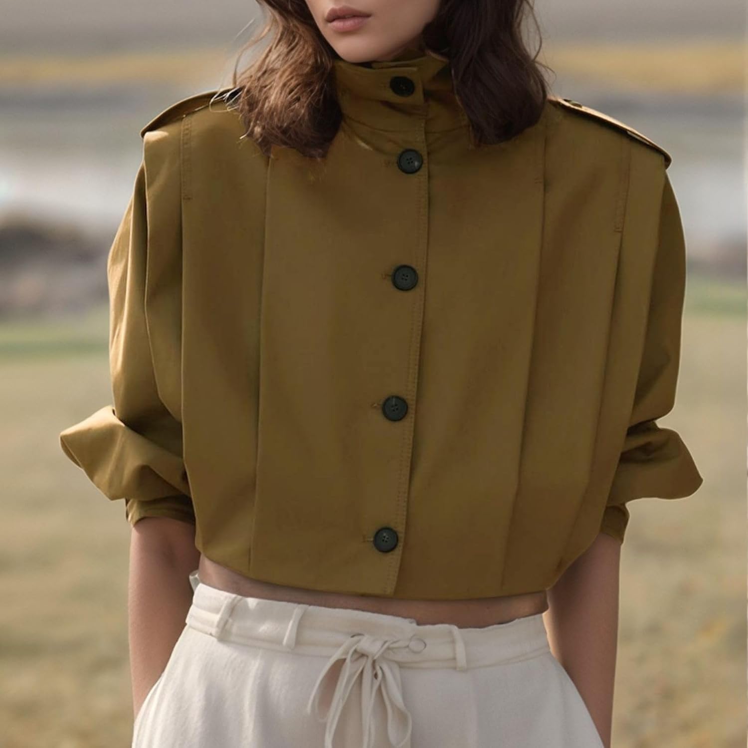 FindThy Women’s Cropped Pleated Jacket Casual Lapel Collar Long Sleeve Button Down Outerwear Trench Coat - Image 3