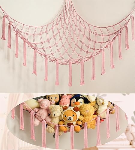 mirolam Stuffed Animal Storage Hammock Net - Toy Hammock Net for Stuffed Animals Corner - Hanging Stuff Animal Organizer Holder Large Pink Baby Nursery Room Decor - XL Large(51L"*51H"*65"W) - BabyPink