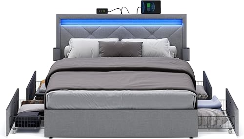 Miniatura 7 de VASAGLE Base de cama LED tamaño matrimonial con cabecero y 4 cajones, 1 puerto USB y 1 puerto tipo C, cabecera tapizada ajustable, no necesita