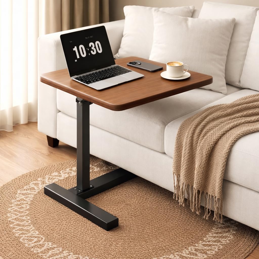 Mesa auxiliar con ruedas, mesa de café móvil en forma de C, 60 x 40 x 106 cm, mesa de salón con estructura de metal, para café y portátil, diseño industrial, color marrón y negro