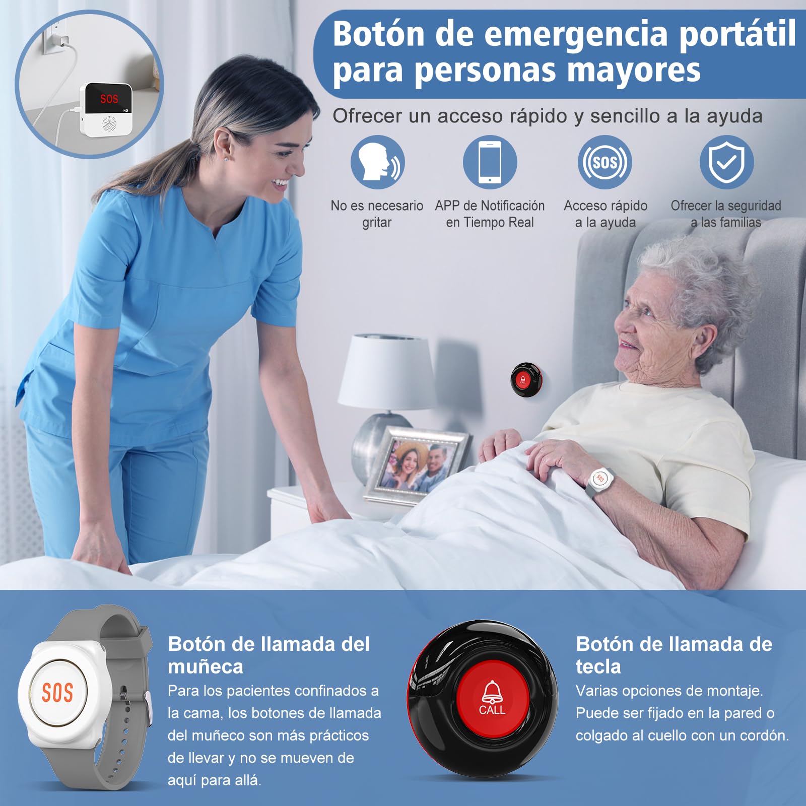 ChunHee Avisador Personas Mayores Botón Emergencia Ancianos Tuya WiFi Smart Senior Sistema de Alerta de Llamada de Emergencia para Pacientes Mayores Discapacitados (Versión enchufable (con reloj 2-1))