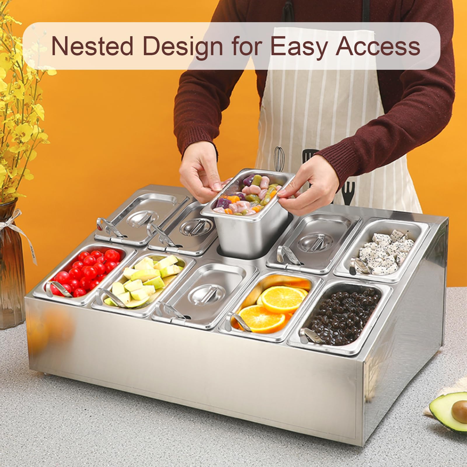 Estación de cobertura de pizza con sartenes y tapas, dispensador inclinado de acero inoxidable para encimera, estante de especias para condimentos, salsa, ensalada, mermelada, ingredientes