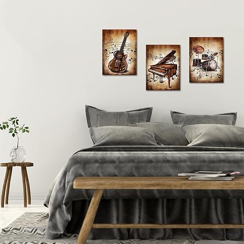 Miniatura 5 de KLVOS 3 piezas de pintura musical, lienzo de arte para pared, guitarra, piano y batería, impresiones artísticas, regalo para amantes de la música,