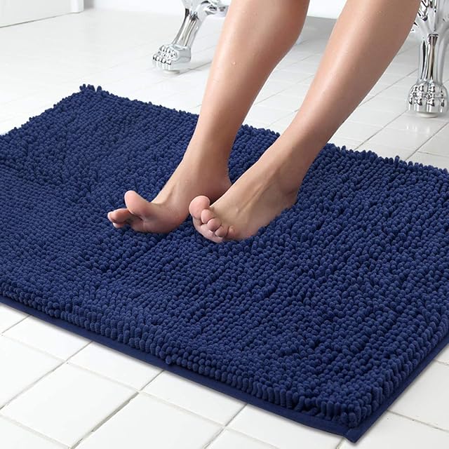 ITSOFT Plush Microfiber Non Slip Soft Bathroom Rug, Absorbent Machine Washable Chenille Bath Mat | Quick Dry Carpet, Great for Bath, Shower, Bedroom, or Door Mat, 87x53cm Navy Blue