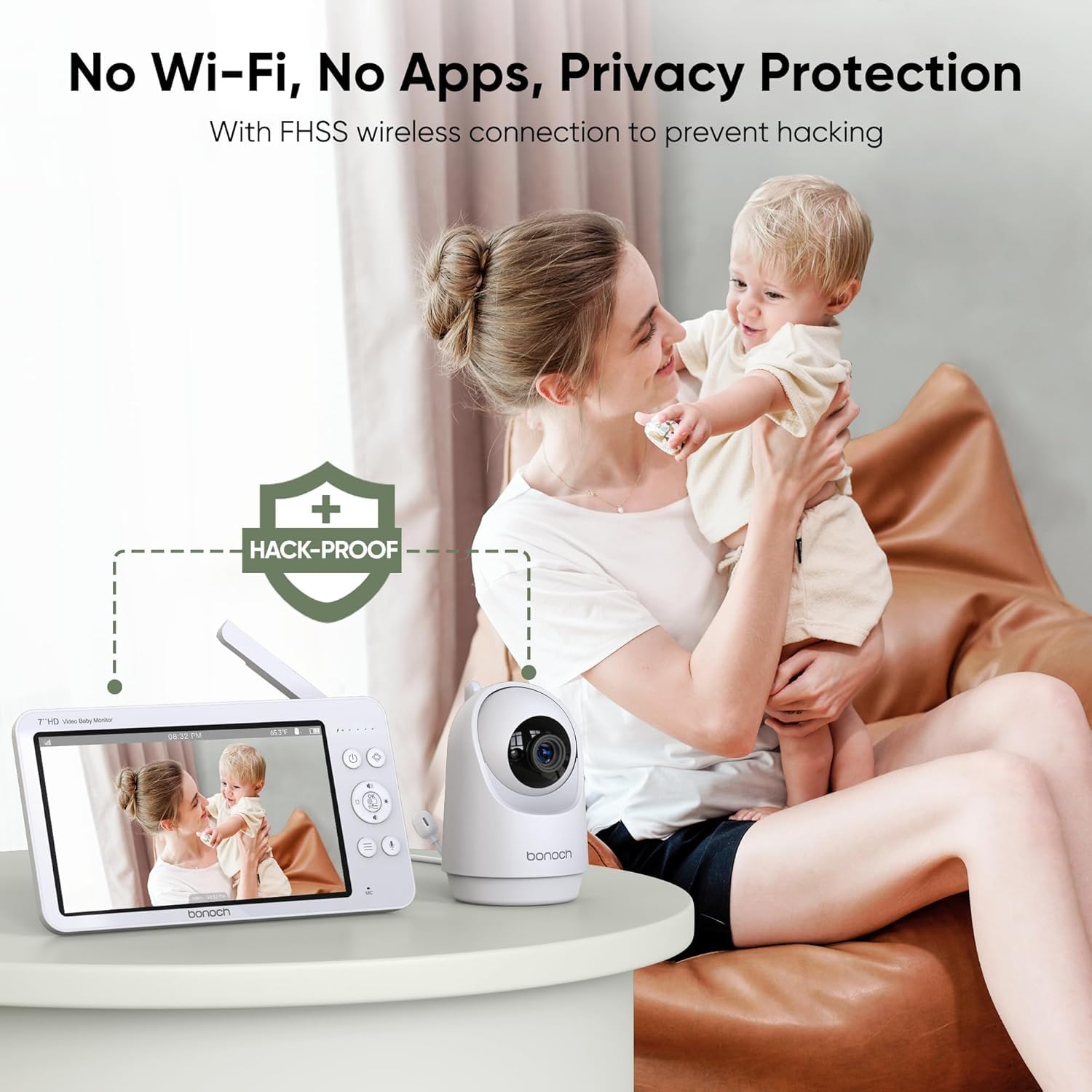 bonoch 7 Zoll Babyphone mit 2 Kameras, 720p Video Babyphon Hone WLAN, 6000mAh Akku 23hrs, Nachtsicht, Beidseitige Audiofunktion, Remote-PTZ, VOX-Modus, Temperatursensor, 8 Schlaflieder