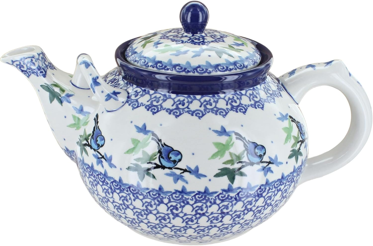 Blue Rose Polish Pottery - Blue Mockingbird Large Teapot - 7 Cup Capacity - Hand-Painted Polish Pottery Ceramic Coffee & Tea Server