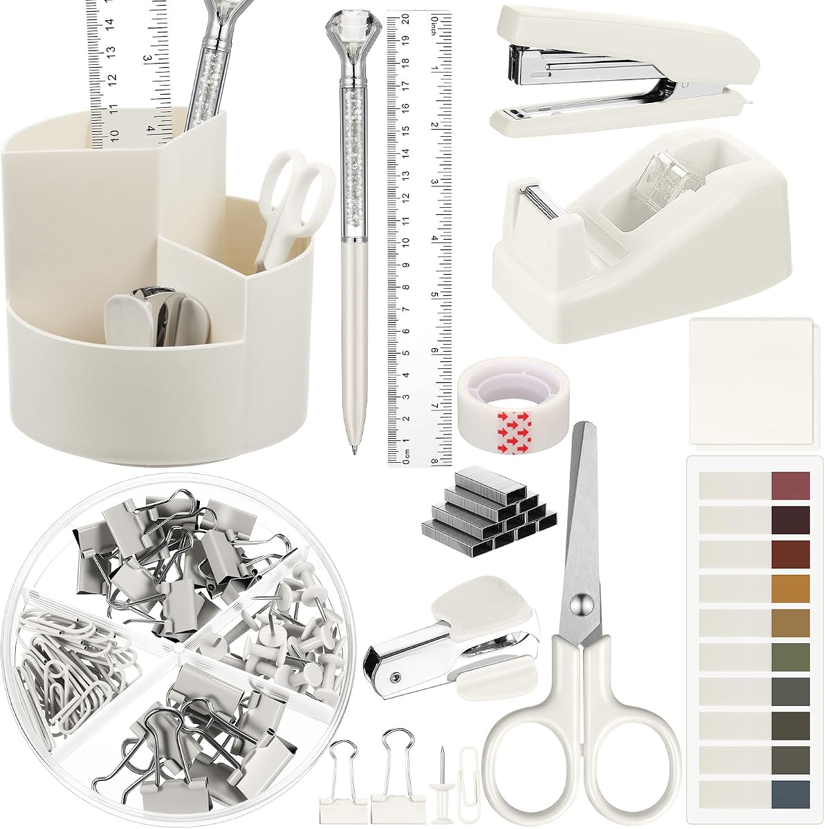Beige Desk Accessories Office Supplies Set, 12 Pcs | 360° Rotating Pen Holder, Stapler, Tape Dispenser, Scissor, Sticky Notes, Binder Clips, Desk Organizers Gift for School