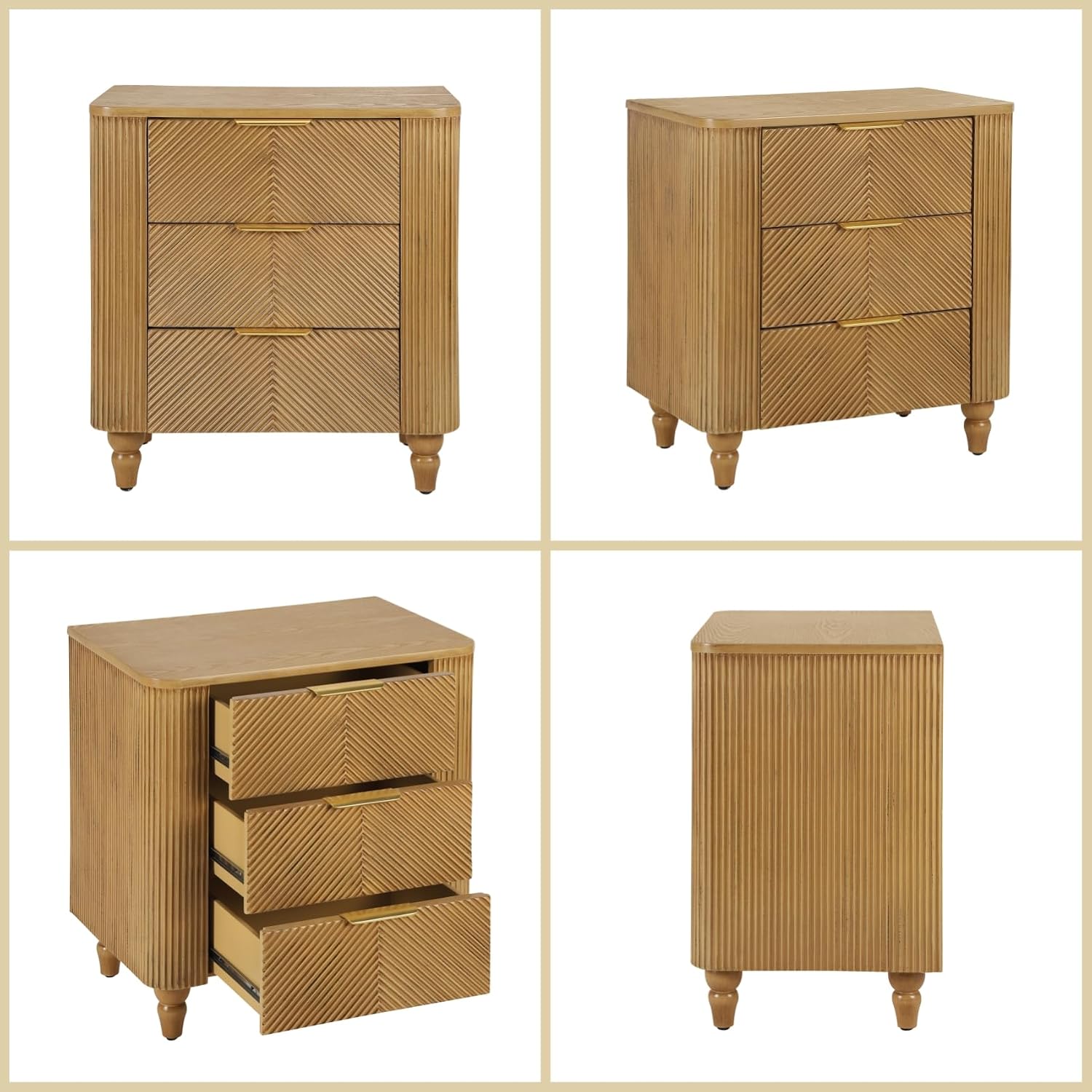 Merax Fluted 3 Drawers Dresser, 22.8" Wide Large Mid Century Fluted Nightstand, Wood Dresser & Chest of Drawers with Curved Profile & Metal Handle, Bedside End Table for Bedroom Living Room, Natural