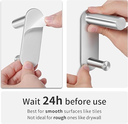 Miniatura 6 de Toallero adhesivo de 24 pulgadas  Toallero de acero inoxidable para baño, soporte de toalla sin perforaciones con 2 ganchos, plateado cepillado