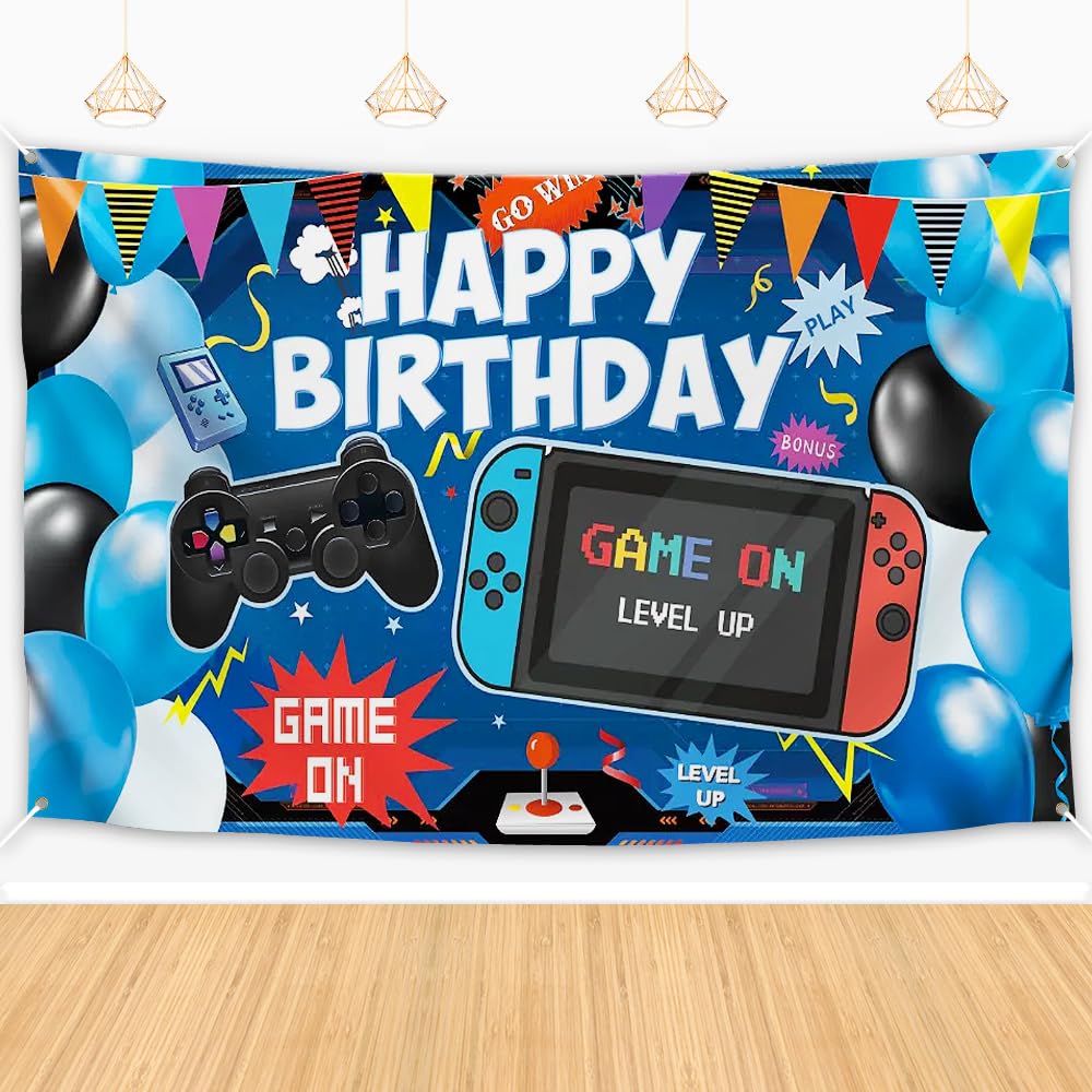 Video Game Birthday Backdrop, Happy Birthday Gaming Banner, Gaming Theme Party Background Photo Props, Video Game Birthday Party Decoration for Kids